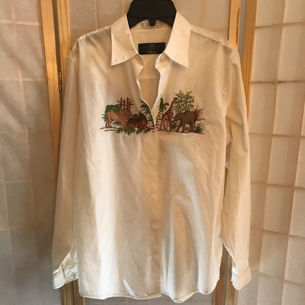 White animal print button down